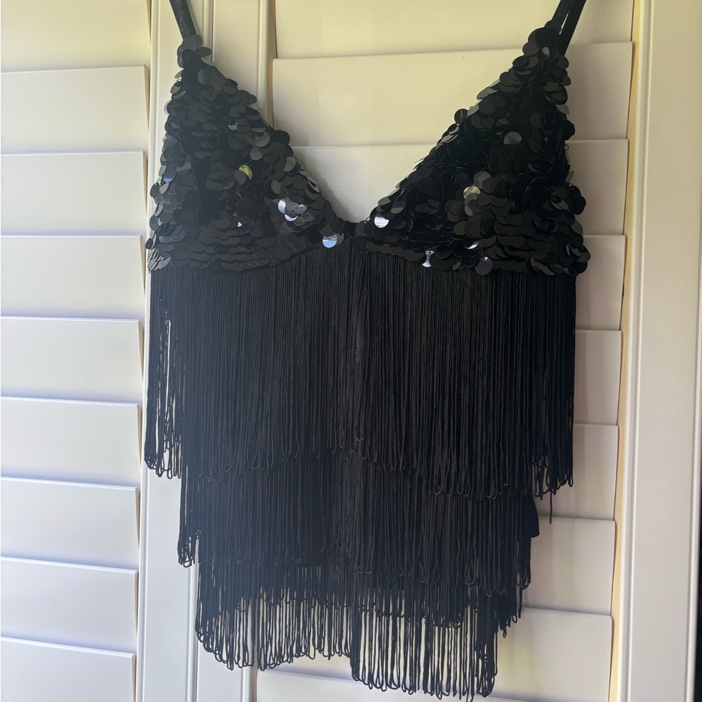 Black Sequin Fringe Camisole